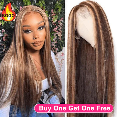 Tuneful Honey Blonde Highlight Colored Straight 13x4 Lace Frontal Human Hair 180% Density Wigs Bogo Deal