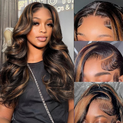 Tuneful 210% Density Highlight 1B/30# Colored Undetectable HD 5x5 13x4 Full Lace Frontal Closure Body Wave Straight Human Hair Wigs