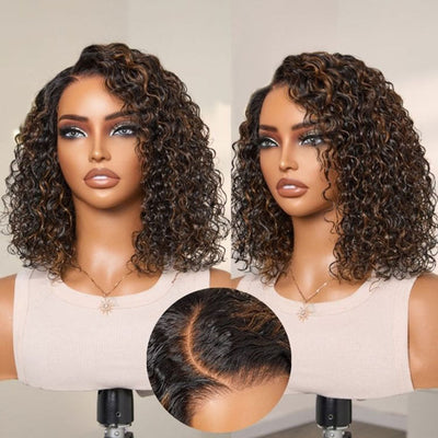 12 inch - Short Jerry Curly Brown Highlights Colored  Glueless Bob Wigs