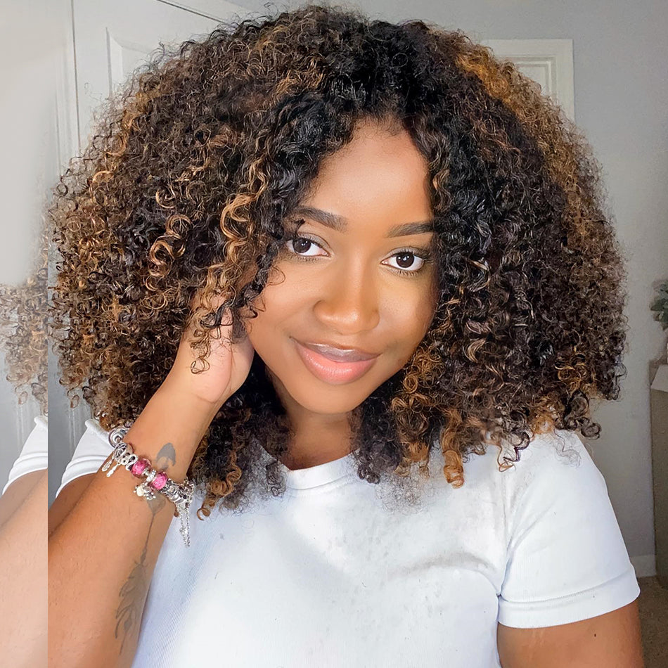 Natural Curly Highlight Brown Colored Seamless V-Part Wig