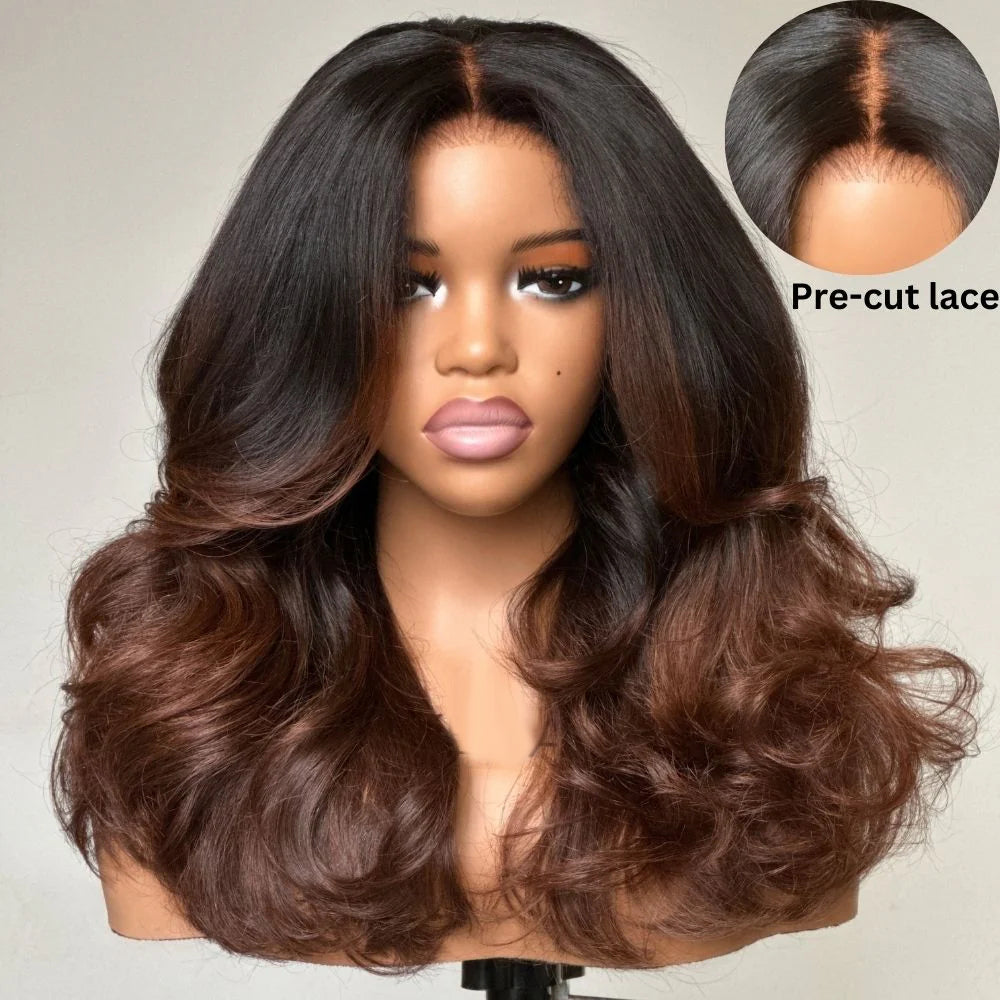 Tuneful 250% Density Heavy Layered Cut Ombre Brown Colored Glueless Lace Wig