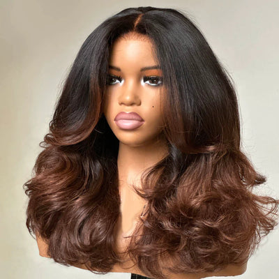 Tuneful 250% Density Heavy Layered Cut Ombre Brown Colored Glueless Lace Wig