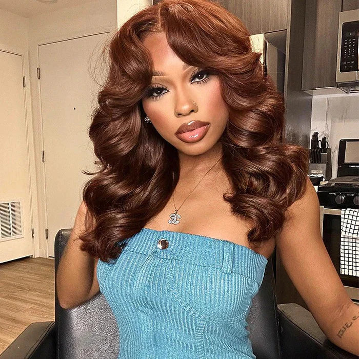 Tuneful 250% Density Curtain Bangs Layered Cut  Brown Colored Glueless Lace Wig