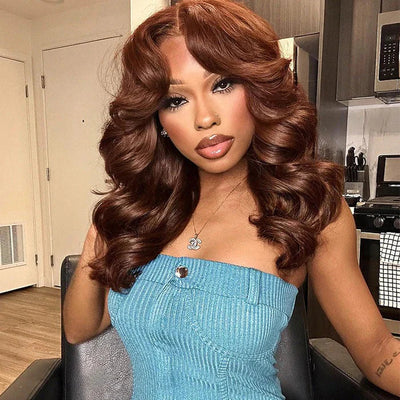 Tuneful 250% Density Curtain Bangs Layered Cut  Brown Colored Glueless Lace Wig