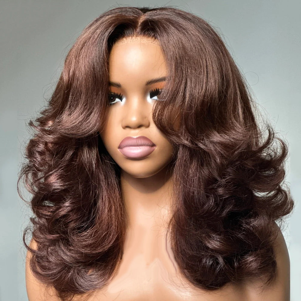 Tuneful 250% Density Curtain Bangs Layered Cut  Brown Colored Glueless Lace Wig