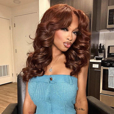 Tuneful 250% Density Curtain Bangs Layered Cut  Brown Colored Glueless Lace Wig