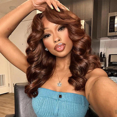 Tuneful 250% Density Curtain Bangs Layered Cut  Brown Colored Glueless Lace Wig