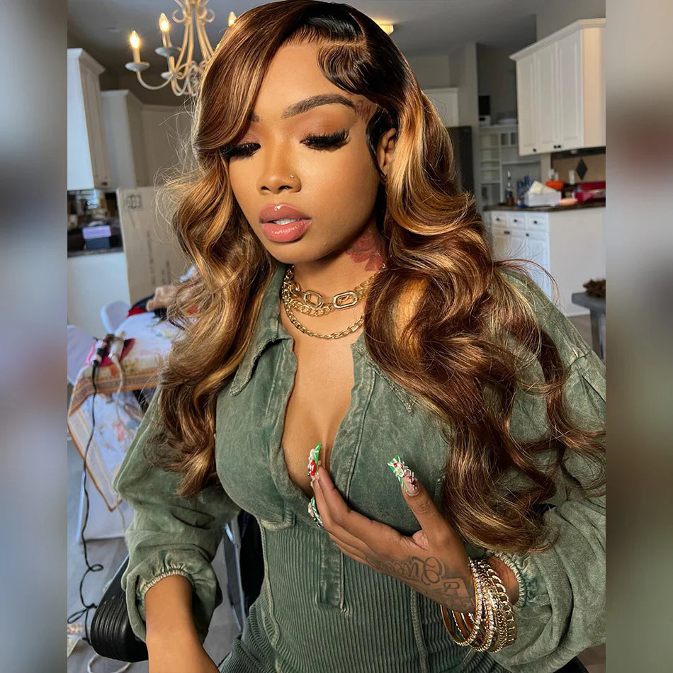 Tuneful 210% Density Highlight 4/27# Colored Undetectable HD 5x5 13x4 Full Lace Frontal Closure Body Wave Straight Human Hair Wigs