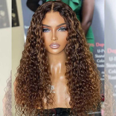 Tuneful 210% Density Highlight Brown Mixed Colored Undetectable HD 5x5 13x4 Full Lace Frontal Closure Water Wave Human Hair Wigs