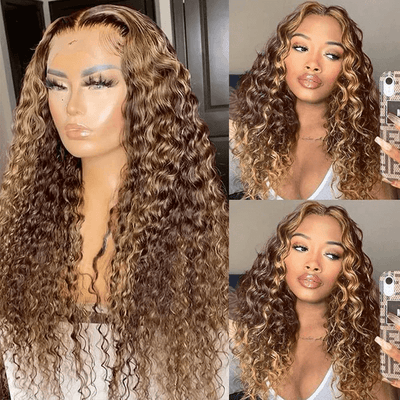 Tuneful Highlight Colored Deep Wave 13x6 13x4 5x5 Lace Frontal Closure Human Hair 180% Density Wigs