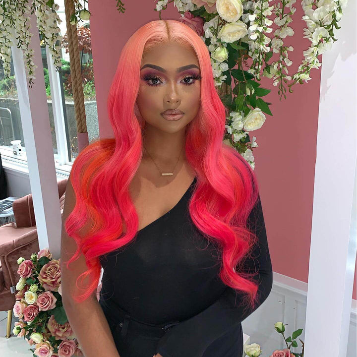 Tuneful 250% Density Ombre Pink With Red HD Transparent 13x6 Lace Front Human Hair Wig Body Wave