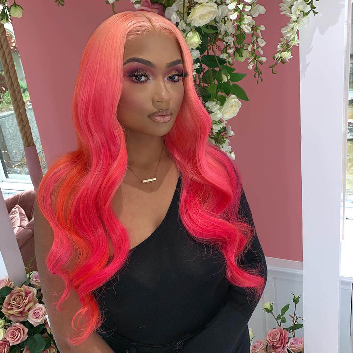 Tuneful 250% Density Ombre Pink With Red HD Transparent 13x6 Lace Front Human Hair Wig Body Wave