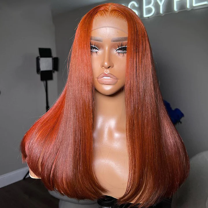 Tuneful Ginger Orange Glueless Straight 4x6 13x6 Lace Front Closure Human Hair Wigs 180% Density