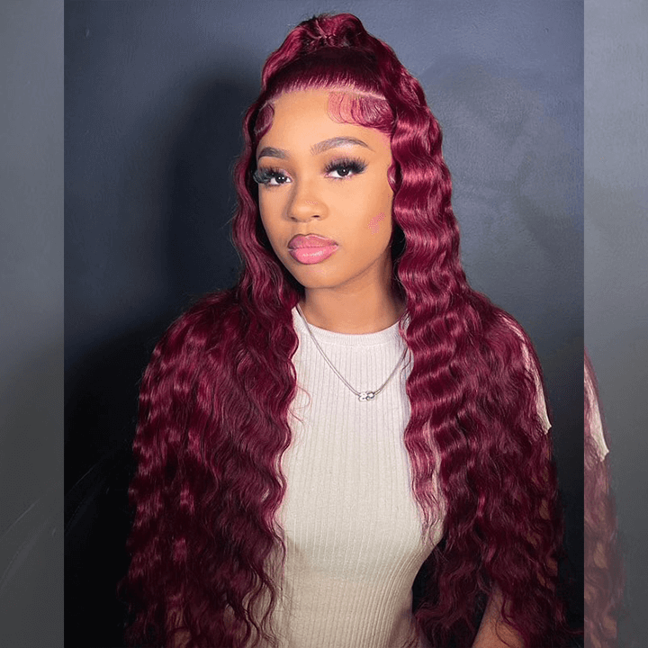 Tuneful Burgundy Color Deep Wave 13x6 5x5 6x5 Glueless Lace Front Closure Human Hair Wigs