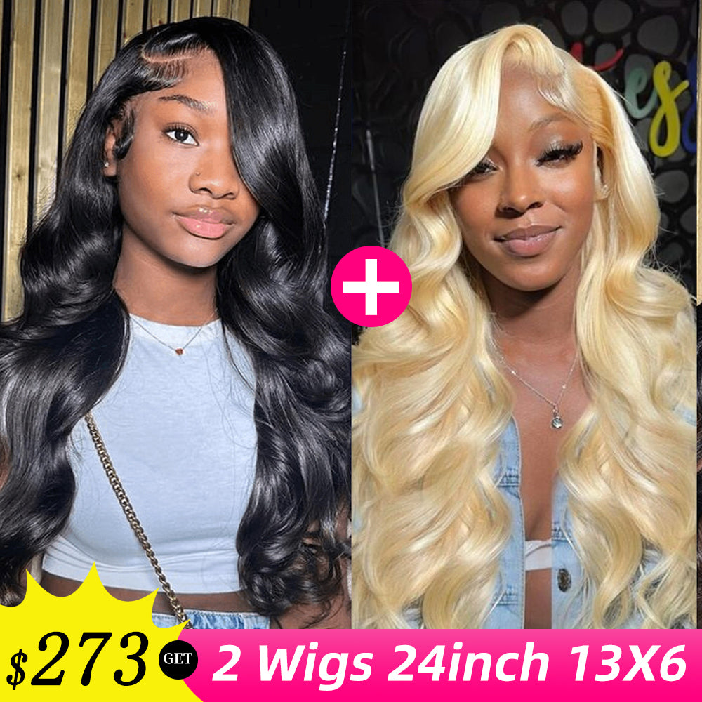 [2Wigs 13x6] Blonde Color & Natural Black Body Wave 24 Inches Lace Frontal Wigs