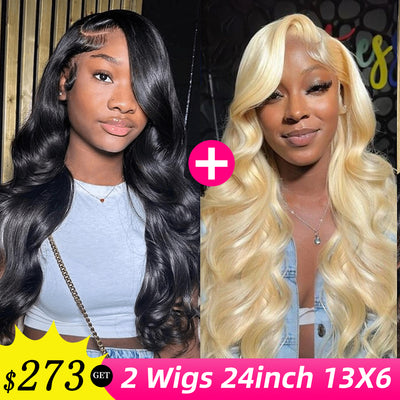 [2Wigs 13x6] Blonde Color & Natural Black Body Wave 24 Inches Lace Frontal Wigs