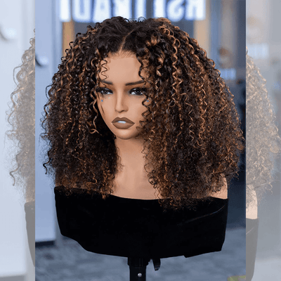 Super Deal Summer Style Brown Highlight Colored Curly 6x5 Wear Go Glueless Lace Human Hair Wigs