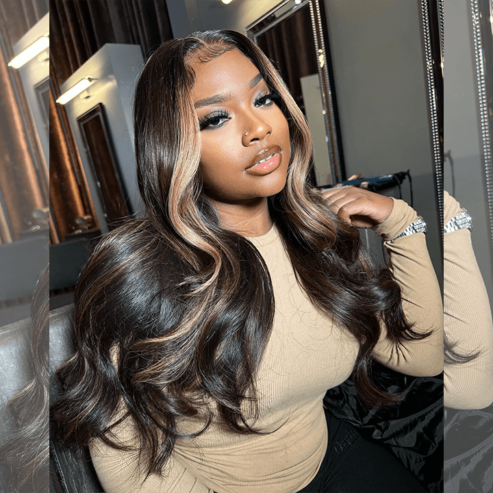 Tuneful Double Drawn Blonde Highlight Brown Colored Body Wave Human Hair Wigs