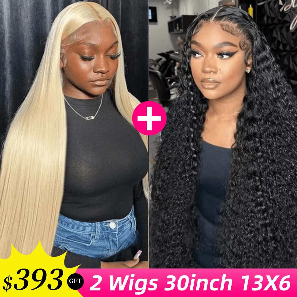 [2Wigs 13x6] Blonde Straight & Natural Black Jerry Curly 30 Inches Lace Frontal Wigs