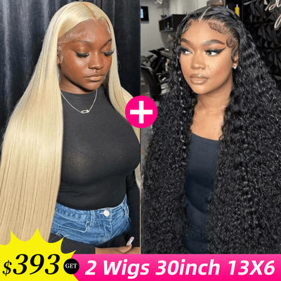 [2Wigs 13x6] Blonde Straight & Natural Black Jerry Curly 30 Inches Lace Frontal Wigs