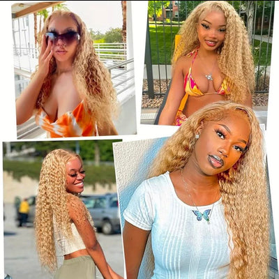 Tuneful Honey Blonde Colored Deep Wave Glueless Lace Human Hair Wigs