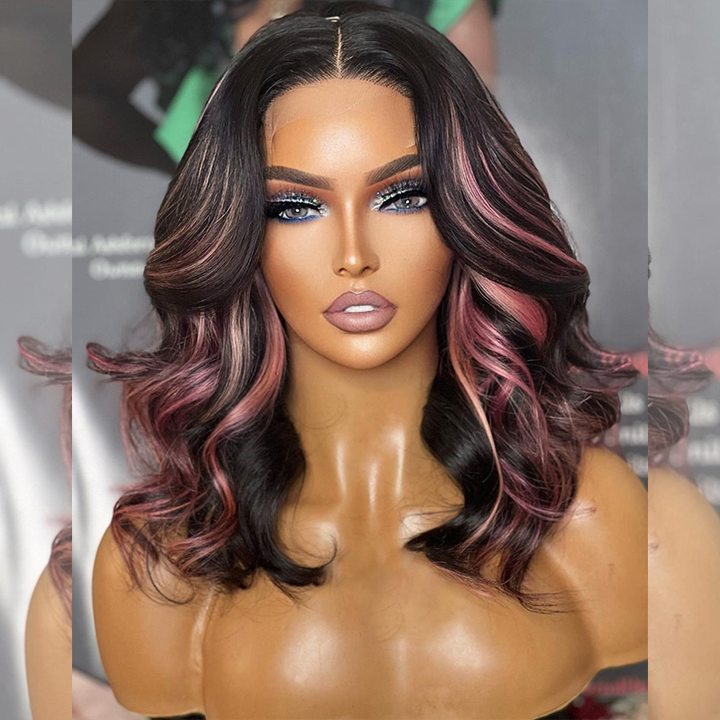 Tuneful Pink Highlight Colored Body Wave 13x6 Lace Front 6x5 Wear Go Human Hair Wigs