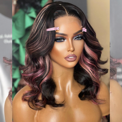 Tuneful Pink Highlight Colored Body Wave 13x6 Lace Front 6x5 Wear Go Human Hair Wigs