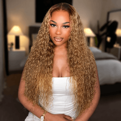 26 inch - Water Wave Honey Blonde Color With Dark Roots 13x6 Lace Front Wigs