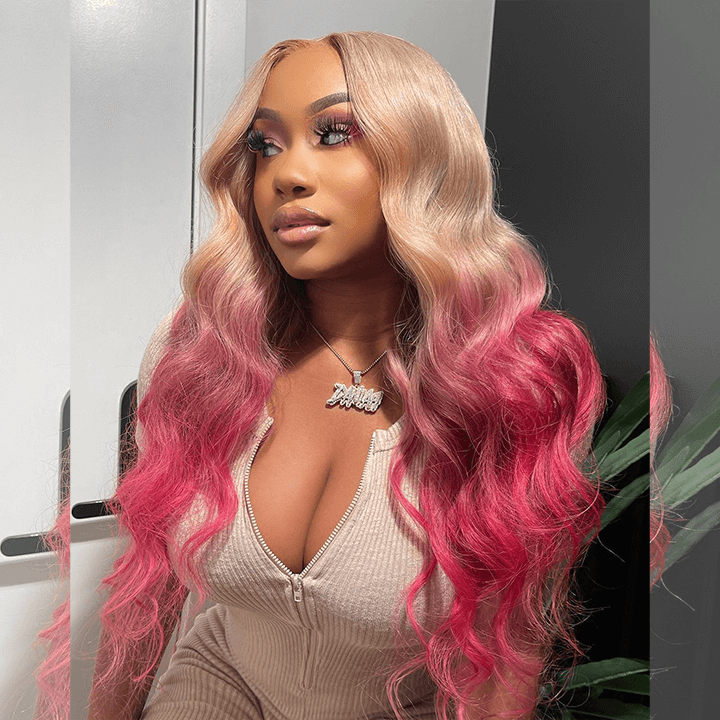 Tuneful Special Customise Ombre Pink Blonde 13x6 Lace Frontal Body Wave Wigs 210% Density