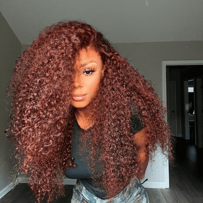 Tuneful Glueless #33 Auburn Colored 13x6 5x5 4x6 Lace Front Closure Human Hair Wigs Jerry Curly Wigs 180% Density