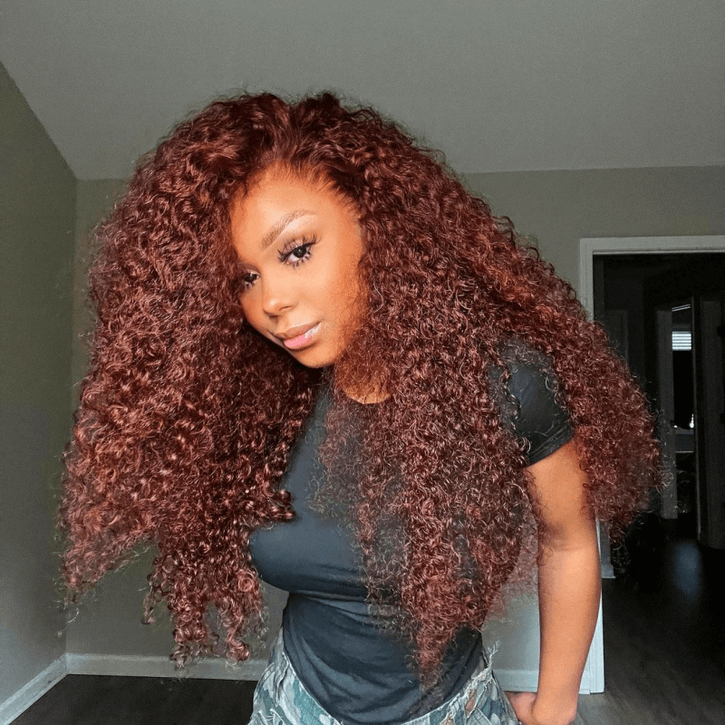 Tuneful Glueless #33 Auburn Colored 13x6 5x5 6x5 Lace Front Closure Human Hair Wigs Jerry Curly Wigs 180% Density