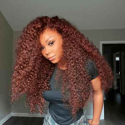 Tuneful Glueless #33 Auburn Colored 13x6 5x5 6x5 Lace Front Closure Human Hair Wigs Jerry Curly Wigs 180% Density