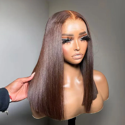 Tuneful Chocolate Brown Glueless Straight 6x5 13x6 Lace Front Closure Human Hair Bob Wigs 210% Density