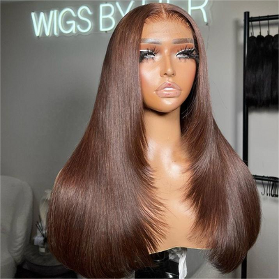 Tuneful Chocolate Brown Glueless Straight 6x5 13x6 Lace Front Closure Human Hair Wigs 210% Density