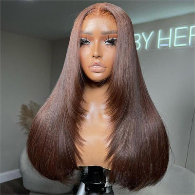 Tuneful Chocolate Brown Glueless Straight 4x6 13x6 Lace Front Closure Human Hair Wigs 180% Density