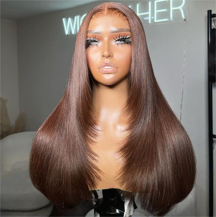 Tuneful Chocolate Brown Glueless Straight 4x6 13x6 Lace Front Closure Human Hair Wigs 180% Density