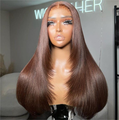 Tuneful Chocolate Brown Glueless Straight 6x5 13x6 Lace Front Closure Human Hair Wigs 210% Density
