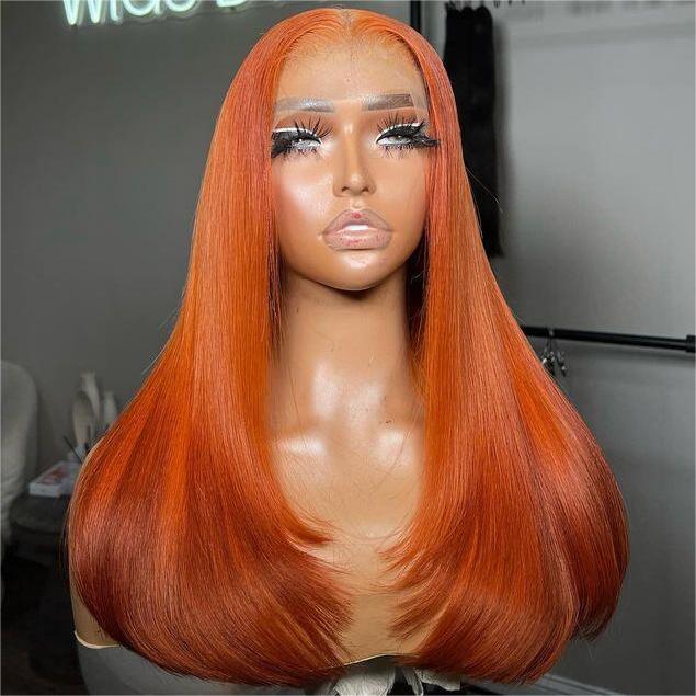 Tuneful Ginger Orange Colored Glueless Layer Cut Straight 4x6 13x6 Lace Front Closure Human Hair Wigs 180% Density