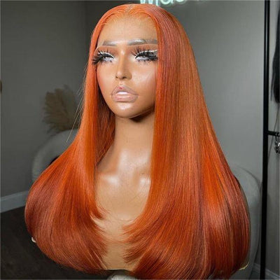 Tuneful Ginger Orange Colored Glueless Layer Cut Straight 6x5 13x6 Lace Front Closure Human Hair Wigs 210% Density