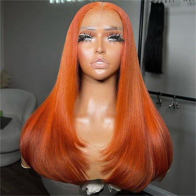 Tuneful Ginger Orange Colored Glueless Layer Cut Straight 6x5 13x6 Lace Front Closure Human Hair Wigs 210% Density