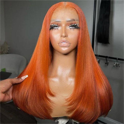 Tuneful Ginger Orange Colored Glueless Layer Cut Straight 6x5 13x6 Lace Front Closure Human Hair Wigs 210% Density