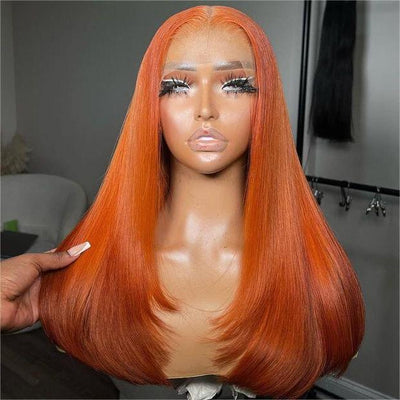 Tuneful Ginger Orange Colored Glueless Layer Cut Straight 4x6 13x6 Lace Front Closure Human Hair Wigs 180% Density
