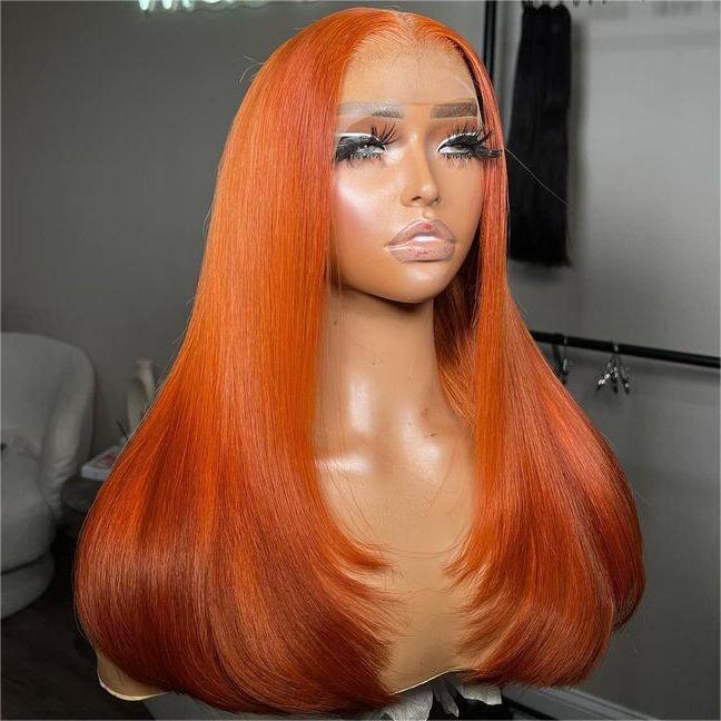 Tuneful Ginger Orange Colored Glueless Layer Cut Straight 4x6 13x6 Lace Front Closure Human Hair Wigs 180% Density