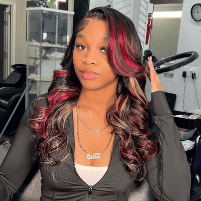 Tuneful Blonde With Red Highlights Colored 13x6 13x4 5x5 Lace Front Closure Body Wave Wig 180% Denisty