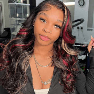 Tuneful Glueless Blonde With Red Highlights Colored 13x6 5x5 4x6 Lace Front Closure Body Wave Wig 180% Denisty