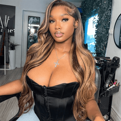 Tuneful Super Deal 4/27 Highlight Body Wave 13x6 Lace Human Hair Frontal Wigs 180% Density