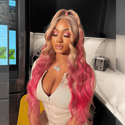 Tuneful Special Customise Ombre Pink Blonde 13x6 Lace Frontal Body Wave Wigs 210% Density