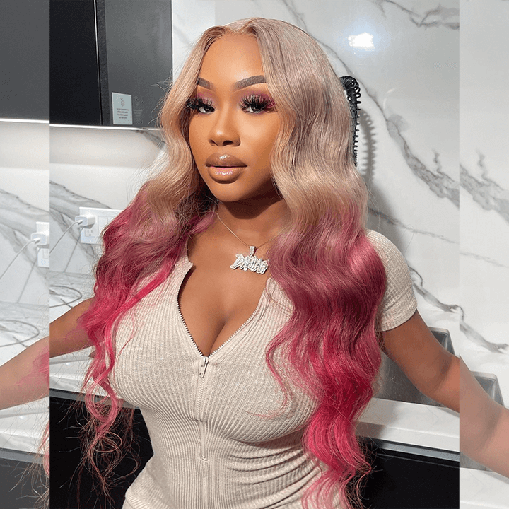 Tuneful Special Customise Ombre Pink Blonde 13x6 Lace Frontal Body Wave Wigs 210% Density