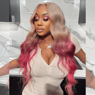 Tuneful Special Customise Ombre Pink Blonde 13x6 Lace Frontal Body Wave Wigs 210% Density