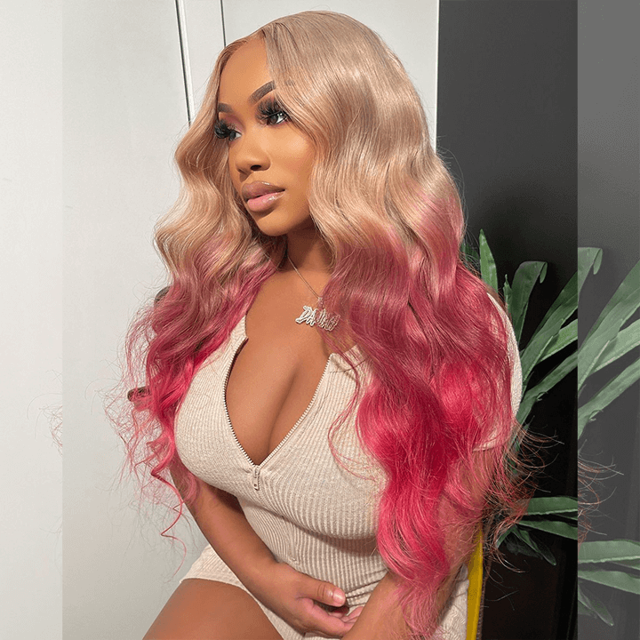 Tuneful Special Customise Ombre Pink Blonde 13x6 Lace Frontal Body Wave Wigs 210% Density
